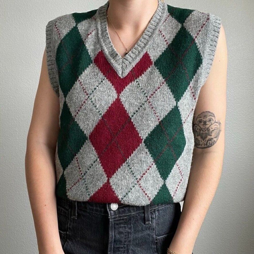 Vintage 90s Claybrooke Wool Red Green Argyle Preppy Christmas Sweater Vest Sz L